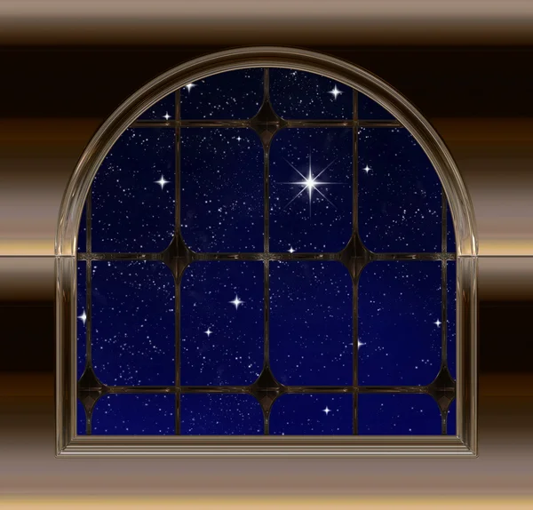 Готичне або науково-фантастичне вікно, що дивиться в зоряне нічне небо з бажаною зіркою — стокове фото