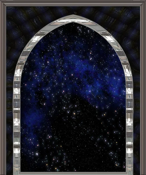Готическое или научно-фантастическое окно, глядя в космос или звездное ночное небо — стоковое фото