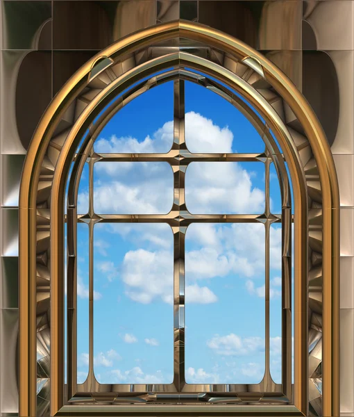 哥特式或奇幻片窗口与蓝蓝的天空 — 图库照片