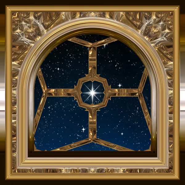 Venster van het gotische of sciencefiction onderzoekend sterrenhemel nachtelijke hemel — Stockfoto