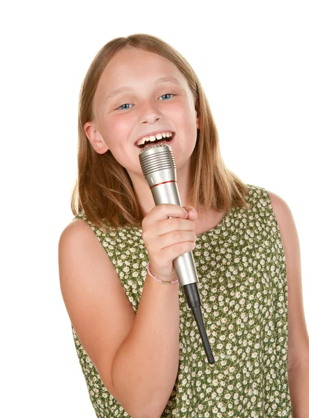 Jong meisje zingen geïsoleerd op wit — Stockfoto