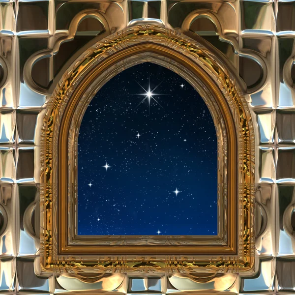 Gotik oder Science-Fiction-Fenster, das mit Wunschstern in den Sternenhimmel blickt — Stockfoto