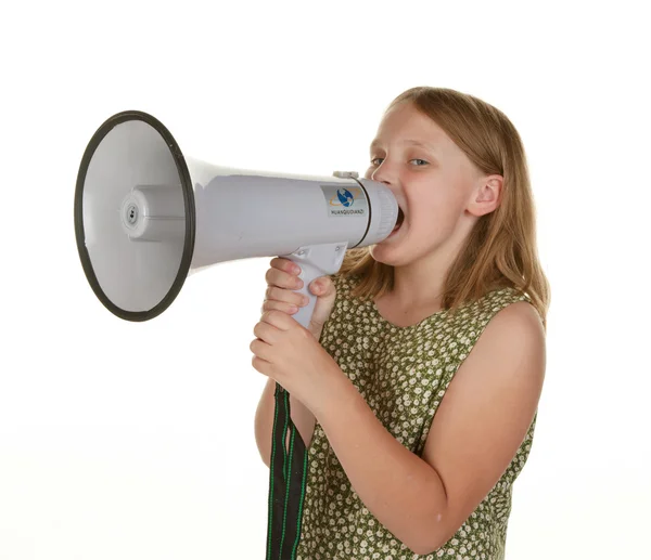 Meisje geïsoleerd op wit met megafoon — Stockfoto