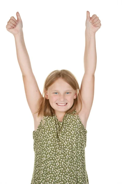 Young girl happy arms raised — Stock Photo, Image