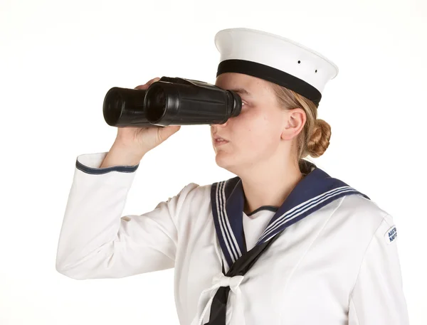 Young sailor with binoculars isolated white back — Stock Photo, Image