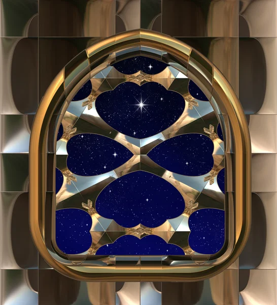 Готическое или научно-фантастическое окно, смотрящее в звездное ночное небо с желающей звездой — стоковое фото