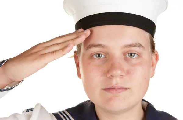 Young sailor saluting isolated white background — Stock Photo, Image