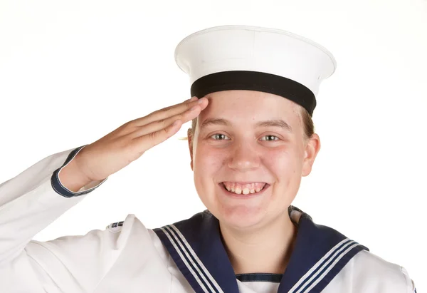 Young sailor saluting isolated white background — Stock Photo, Image