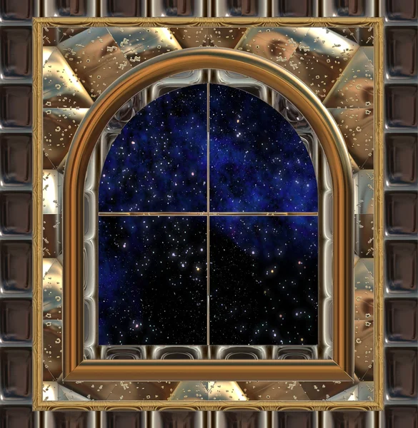 Παράθυρο γοτθικός ή επιστημονικής φαντασίας που ψάχνει σε χώρο ή έναστρο ουρανό τη νύχτα — Φωτογραφία Αρχείου