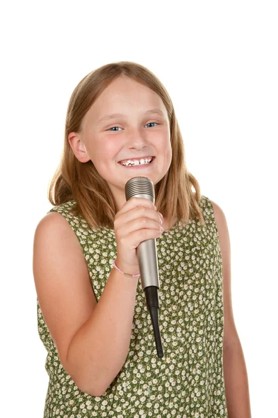 Młoda dziewczyna śpiewa na białym tle na biały — Zdjęcie stockowe