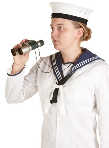 Marinblå sjöman med kikare — Stockfoto