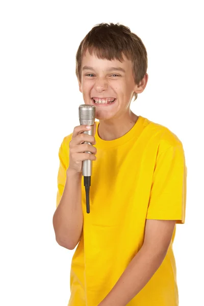 Ragazzo con microfono su bianco — Foto Stock