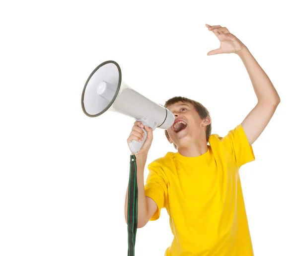 Хлопчик кричить на мегафон — стокове фото