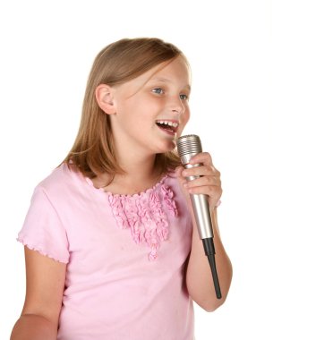 Young girl singing karaoke on white clipart