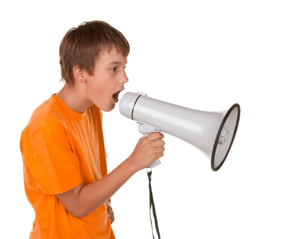 Jongen schreeuwen in een megafoon — Stockfoto