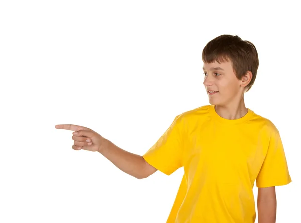 Junge zeigt auf Kopierraum — Stockfoto