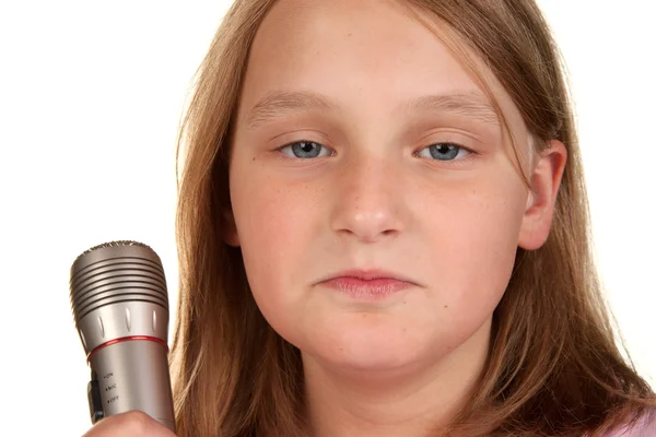 Nieszczęśliwa dziewczyna, gdy mikrofon jest wyłączony — Zdjęcie stockowe