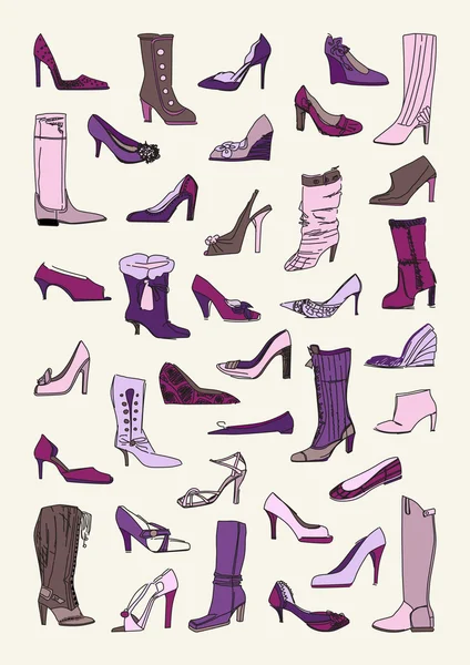 Sepatu diatur dalam warna ungu dan merah muda - Stok Vektor