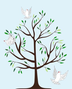 Magic tree and three white fairy pigeons clipart