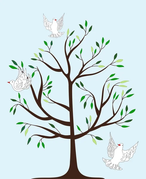 Magic tree and three white fairy pigeons — Stock Vector