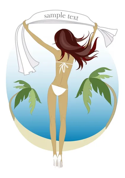 Векторная девушка на пляже с баннером из полотенец — стоковый вектор