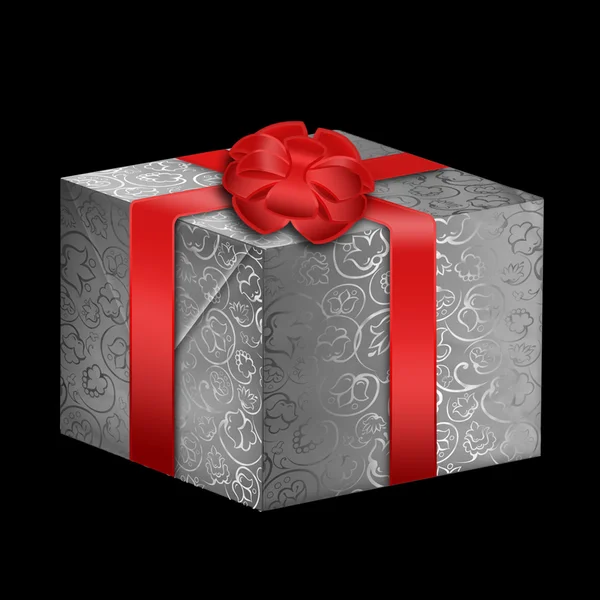Zilveren doos met rood lint — Stockfoto
