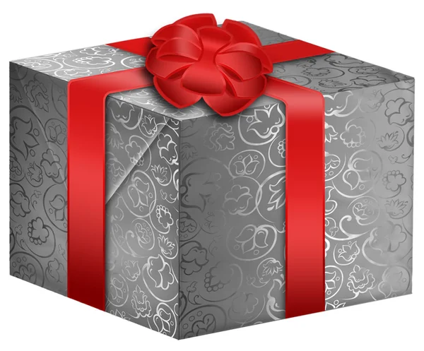 Серебряная подарочная коробка с красной лентой — стоковое фото