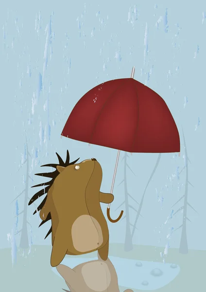 Autumn rain and sad hedgehog — Stock Vector