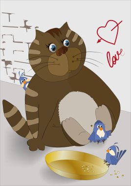 Thick cat and birdies clipart