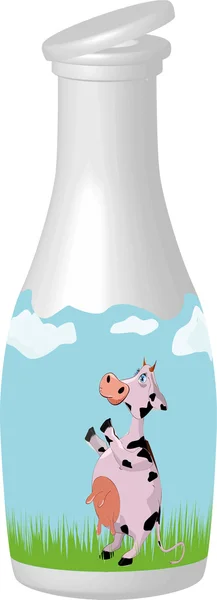 Garrafa com leite e uma vaca gentil —  Vetores de Stock