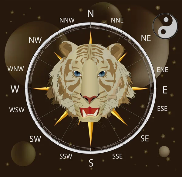 Compas une rose des vents et un tigre — Image vectorielle