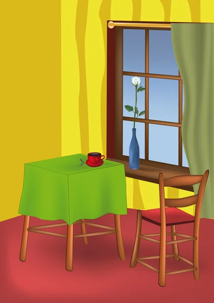 Café tasse à café et rose à une fenêtre — Image vectorielle