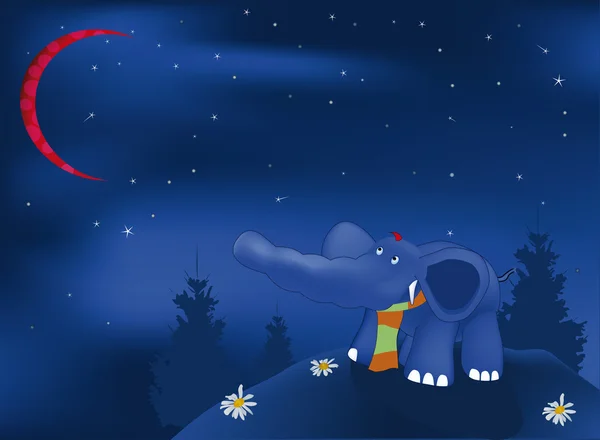 在晚上的暗蓝色大象 — 图库矢量图片
