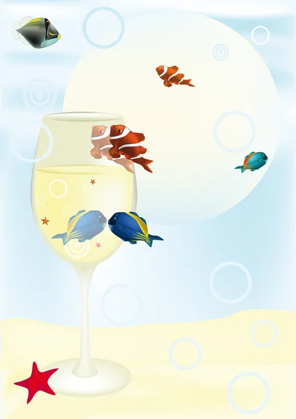 Glass with wine and tropical small fishe — Stock Vector