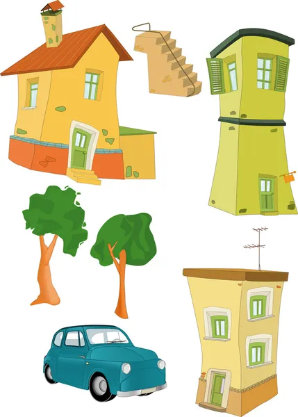 Ustaw domy małe drzewa, samochód i chłopak — Wektor stockowy