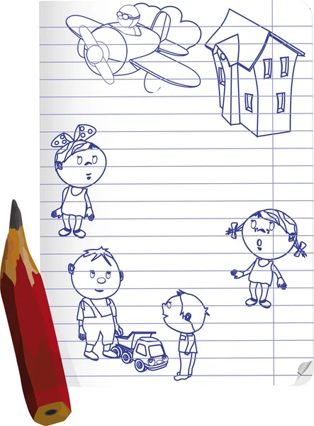 绘制的儿童和一支铅笔 — 图库矢量图片