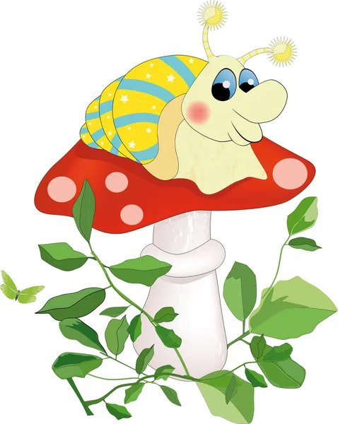 坐在蘑菇上的蜗牛 — 图库矢量图片