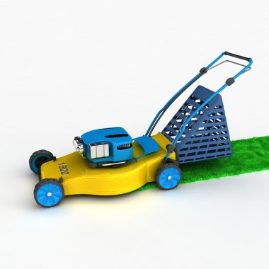Blue and yellow lawnmower with grass clipart