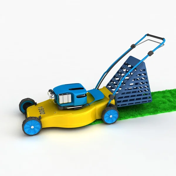 Blue and yellow lawnmower with grass — Stock Photo, Image