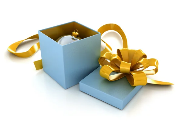 Kék jelen box-arany szalaggal — Stock Fotó