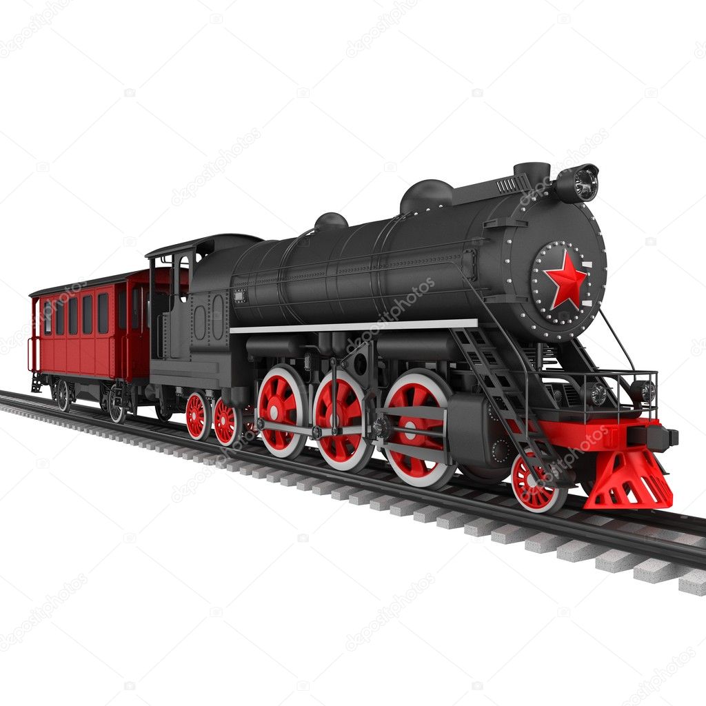 Steam locomotive with red car
