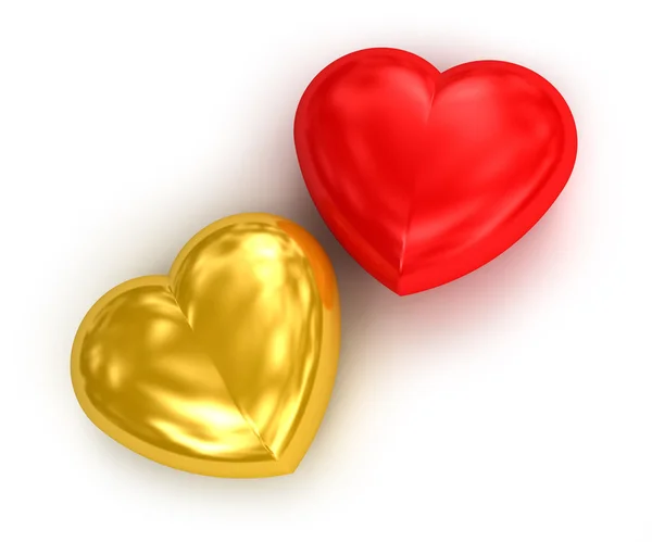 Twee gouden en rode harten — Stockfoto
