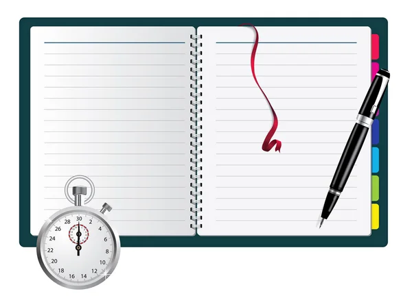 Pen, spiral notepad and stopwatch. Vecto — Stock Vector