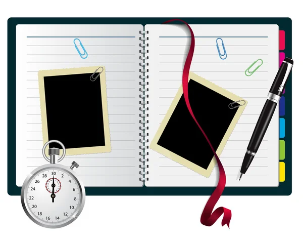 Stopwatch, paperclips, notebook — Stockvector