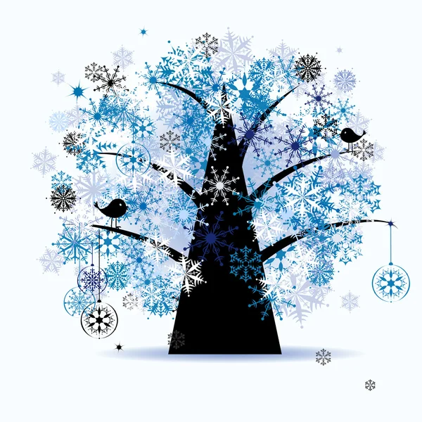 Χειμώνα δέντρο, νιφάδες χιονιού. Χριστούγεννα holid — Διανυσματικό Αρχείο