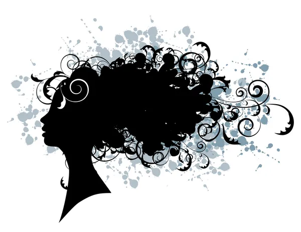 Blommig frisyr, Kvinna ansikte siluett — Stock vektor