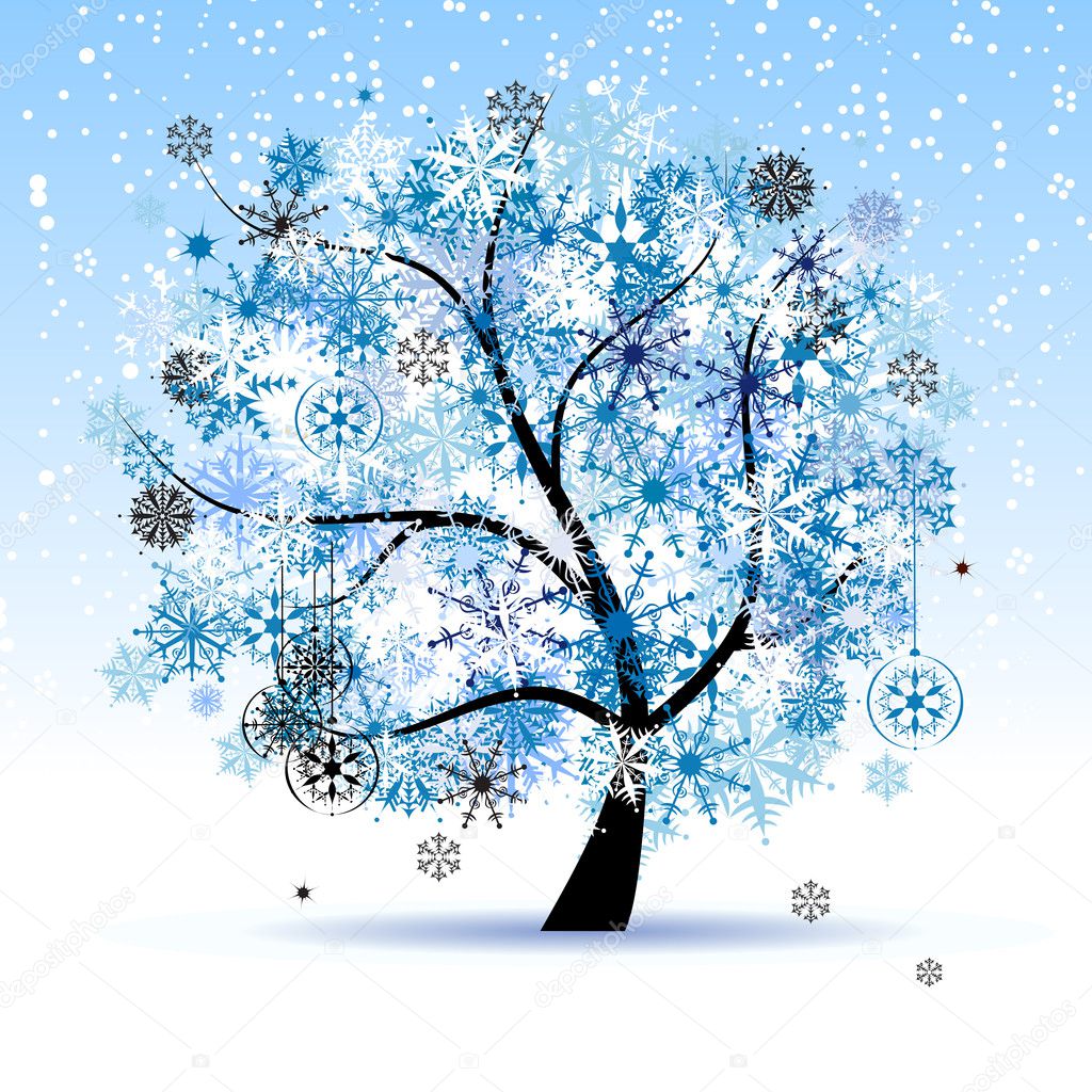 Winter tree, snowflakes. Christmas holid