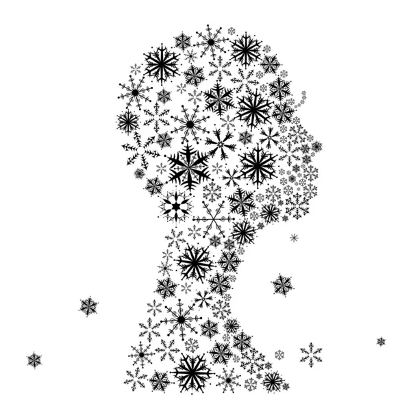 Στυλιζαρισμένη γυναίκα κεφάλι, νιφάδες χιονιού. — Διανυσματικό Αρχείο