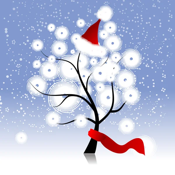 Christmas hat on winter tree — Stock Vector