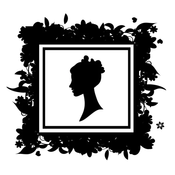 Silueta de retrato de mujer, marco floral — Vector de stock